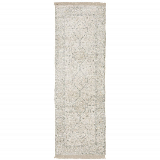 8' Beige And Charcoal Oriental Hand Loomed Distressed Runner Rug With Fringe