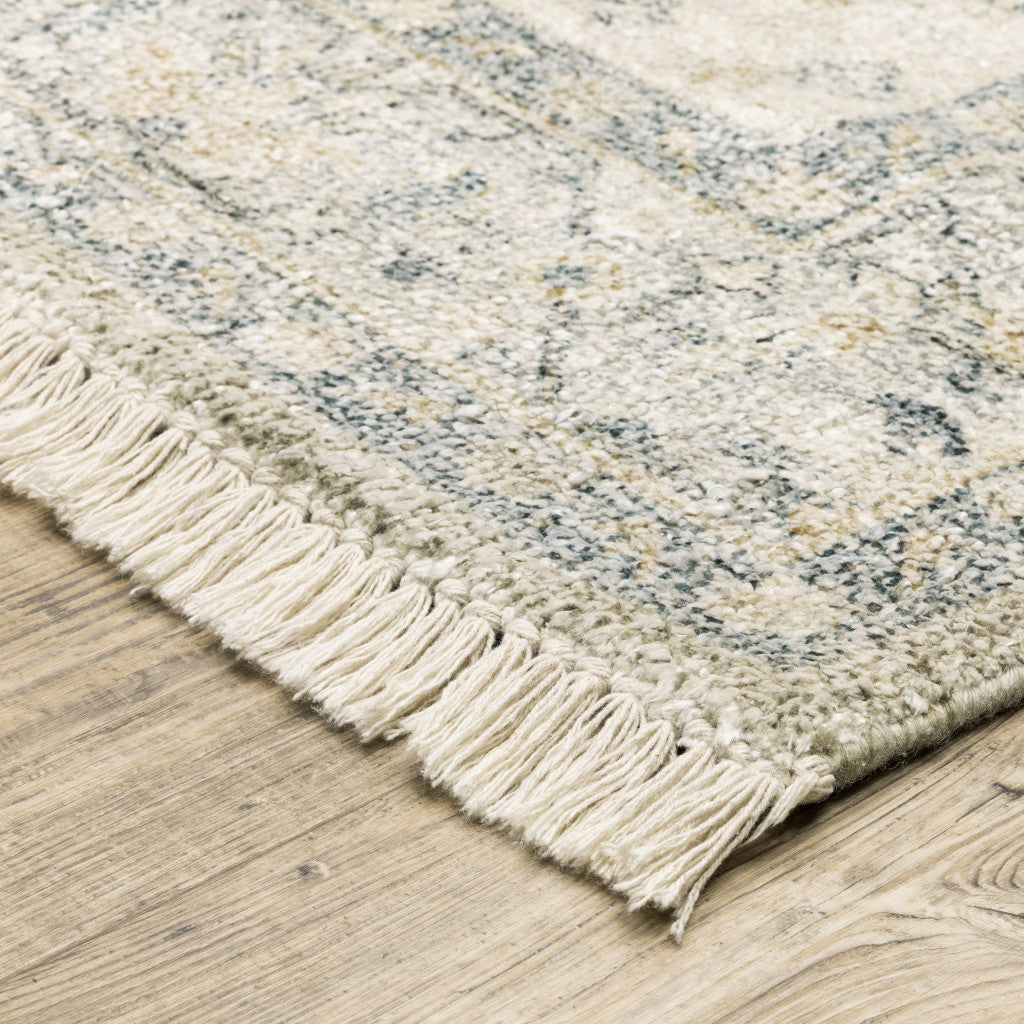 2' X 8' Beige And Charcoal Oriental Hand Loomed Stain Resistant Runner Rug With Fringe