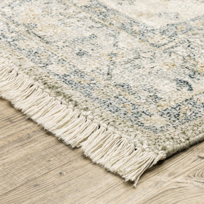8' Beige And Charcoal Oriental Hand Loomed Distressed Runner Rug With Fringe