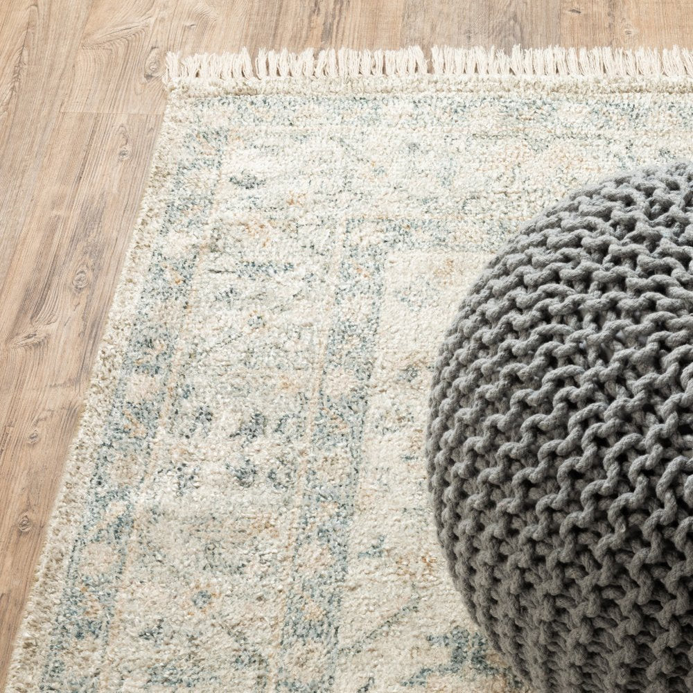 8' Beige And Charcoal Oriental Hand Loomed Distressed Runner Rug With Fringe