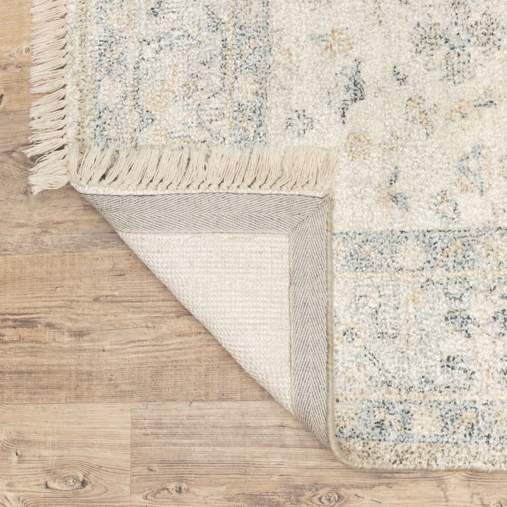 8' Beige And Charcoal Oriental Hand Loomed Distressed Runner Rug With Fringe