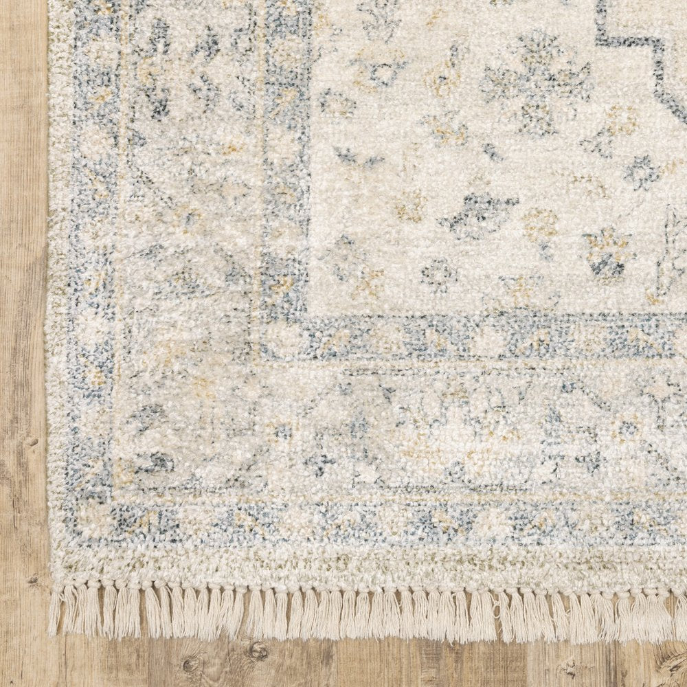 8' Beige And Charcoal Oriental Hand Loomed Distressed Runner Rug With Fringe