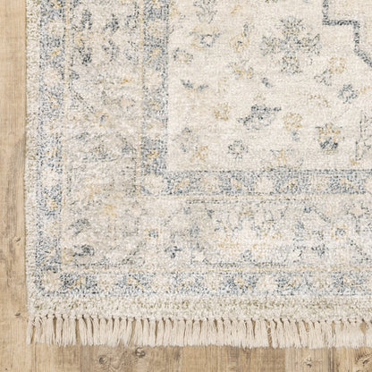8' Beige And Charcoal Oriental Hand Loomed Distressed Runner Rug With Fringe