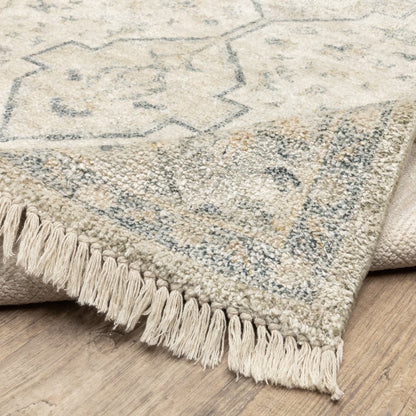 8' Beige And Charcoal Oriental Hand Loomed Distressed Runner Rug With Fringe