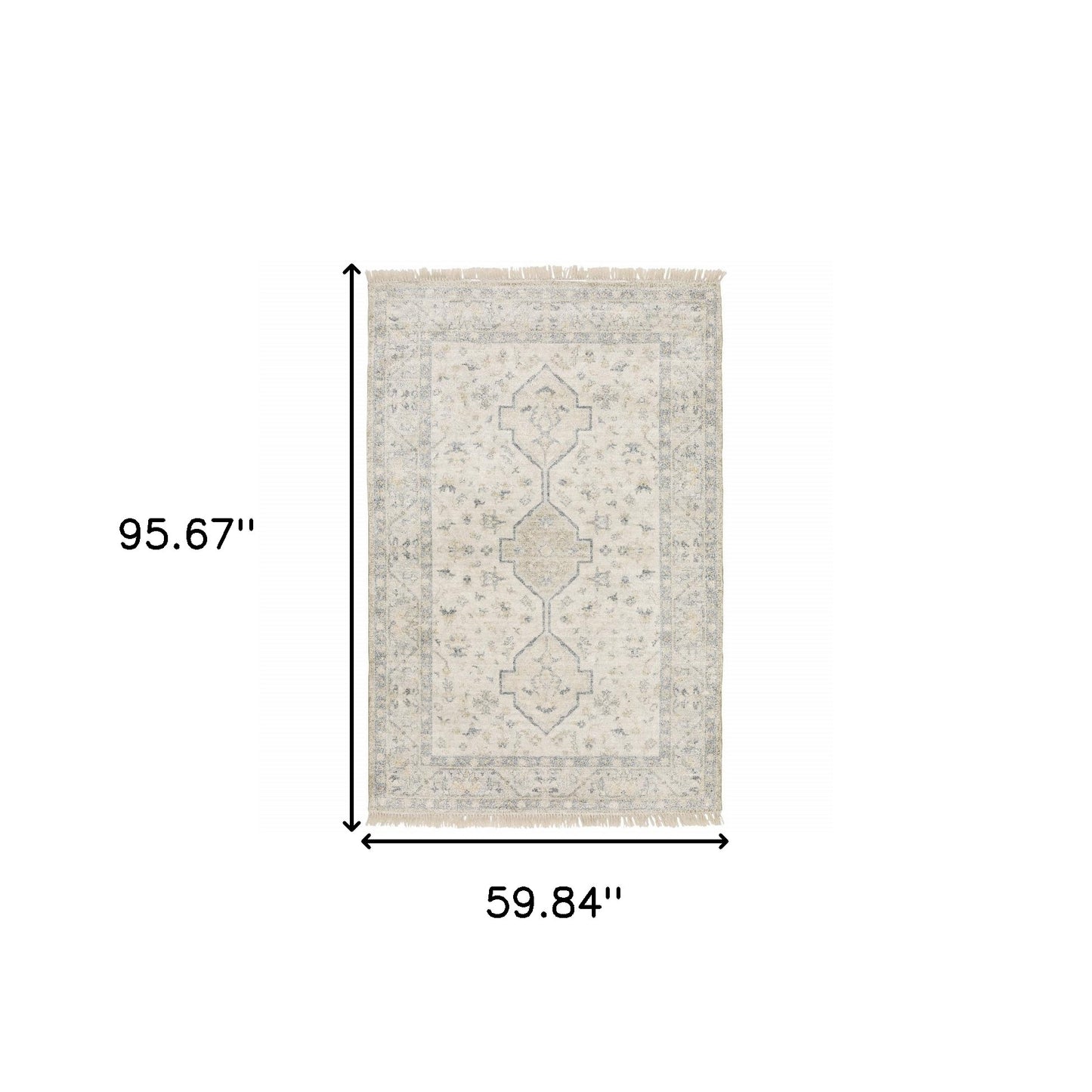 5' X 8' Beige And Charcoal Oriental Hand Loomed Stain Resistant Area Rug With Fringe