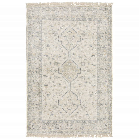 5' X 8' Beige And Charcoal Oriental Hand Loomed Stain Resistant Area Rug With Fringe