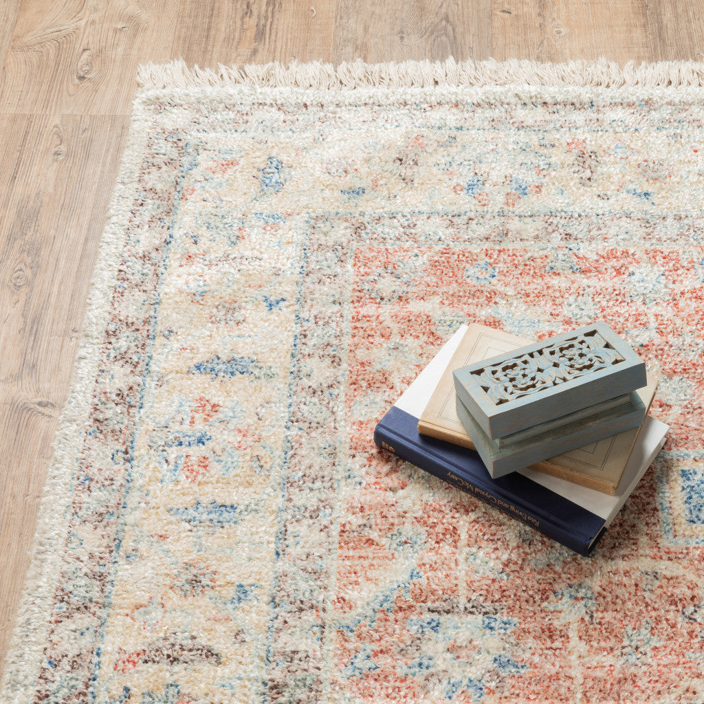 10' X 13' Orange And Blue Oriental Hand Loomed Stain Resistant Area Rug With Fringe