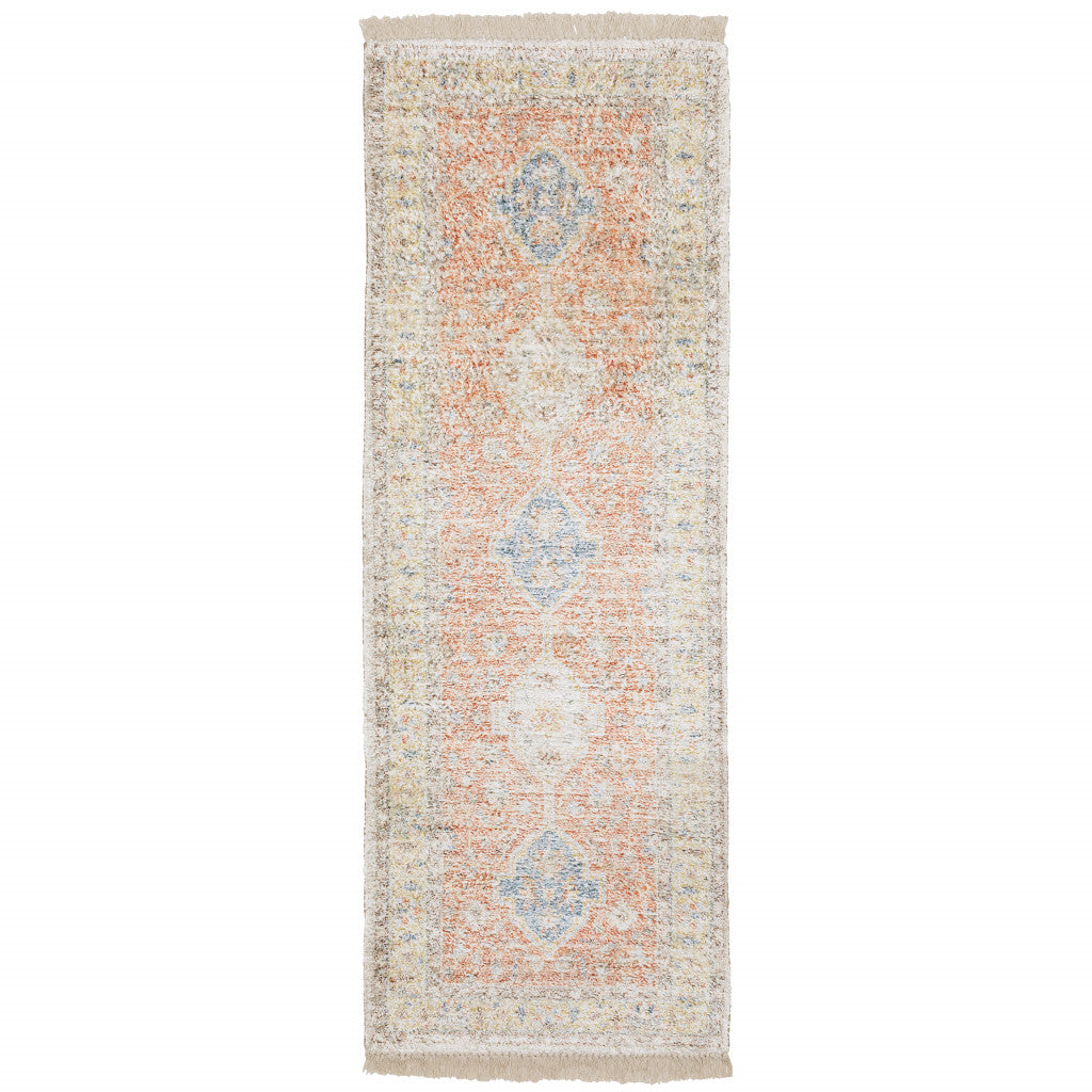 2' X 8' Orange And Blue Oriental Hand Loomed Stain Resistant Runner Rug With Fringe