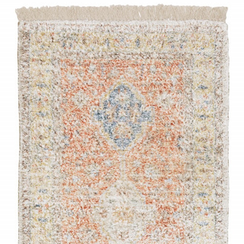 8' Orange And Blue Oriental Hand Loomed Distressed Runner Rug With Fringe
