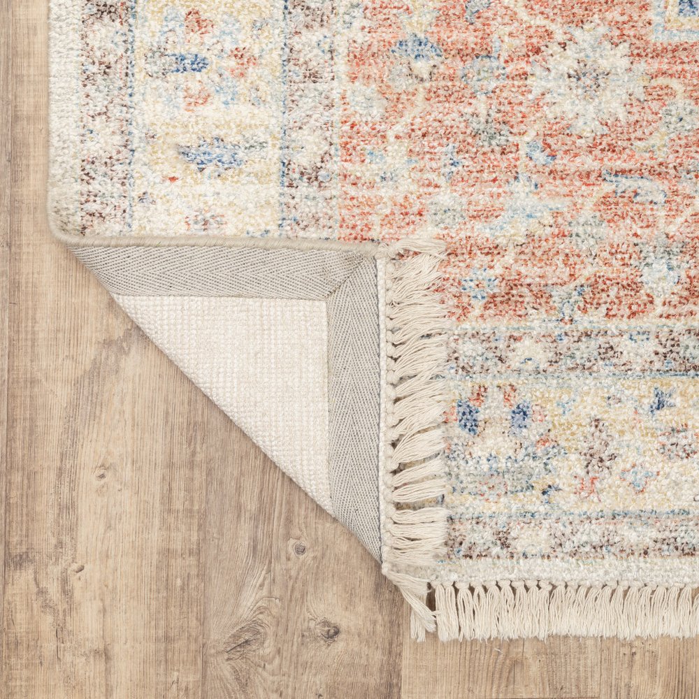 8' Orange And Blue Oriental Hand Loomed Distressed Runner Rug With Fringe
