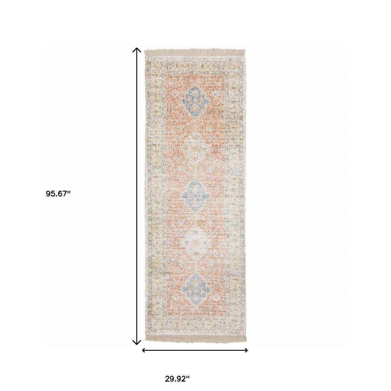 2' X 8' Orange And Blue Oriental Hand Loomed Stain Resistant Runner Rug With Fringe