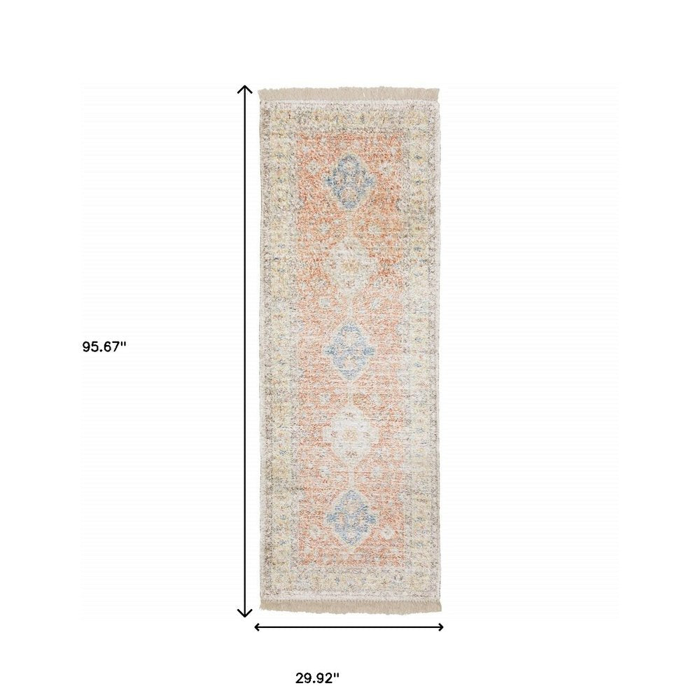8' Orange And Blue Oriental Hand Loomed Distressed Runner Rug With Fringe