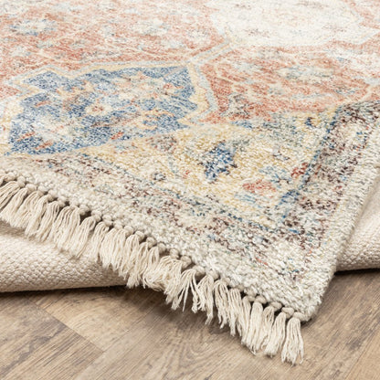 8' Orange And Blue Oriental Hand Loomed Distressed Runner Rug With Fringe