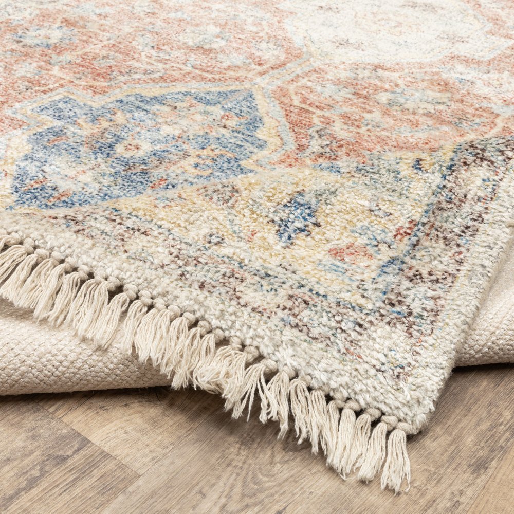 8' Orange And Blue Oriental Hand Loomed Distressed Runner Rug With Fringe