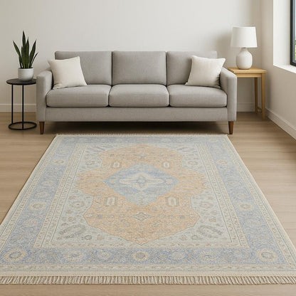 10' X 13' Blue And Red Oriental Hand Loomed Stain Resistant Area Rug With Fringe