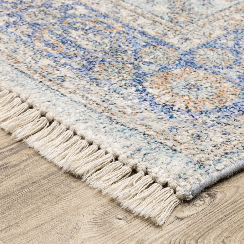 10' X 13' Blue And Red Oriental Hand Loomed Stain Resistant Area Rug With Fringe