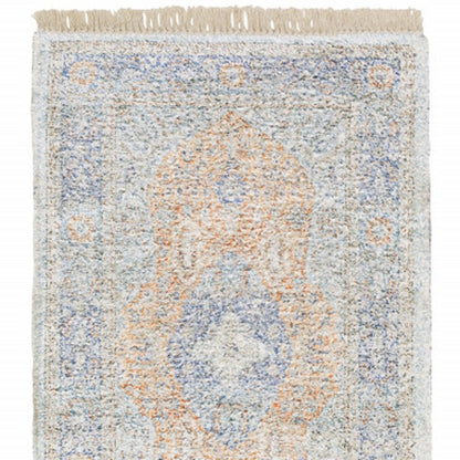 8' Blue And Red Oriental Hand Loomed Distressed Runner Rug With Fringe