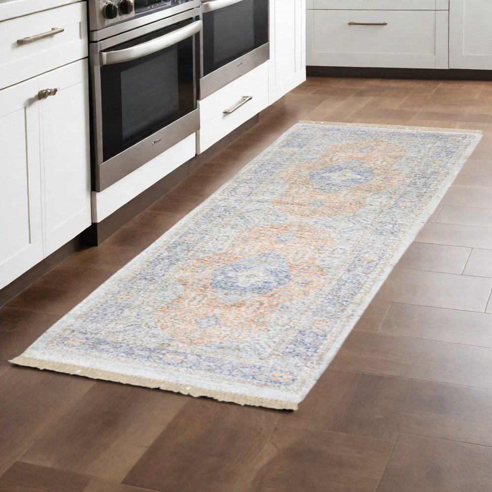 8' Blue And Red Oriental Hand Loomed Distressed Runner Rug With Fringe