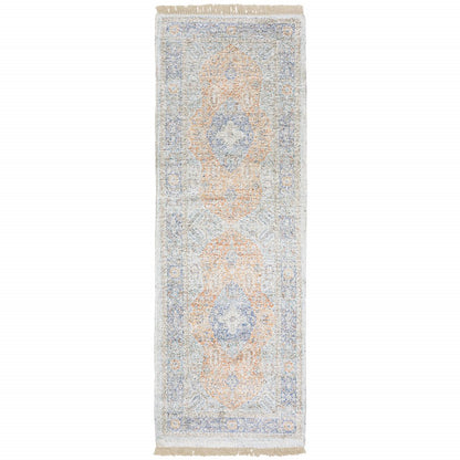 8' Blue And Red Oriental Hand Loomed Distressed Runner Rug With Fringe