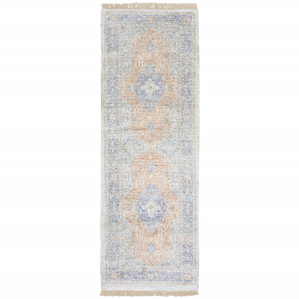8' Blue And Red Oriental Hand Loomed Distressed Runner Rug With Fringe