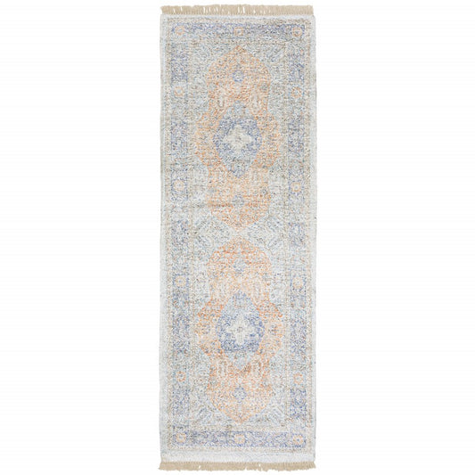 8' Blue And Red Oriental Hand Loomed Distressed Runner Rug With Fringe