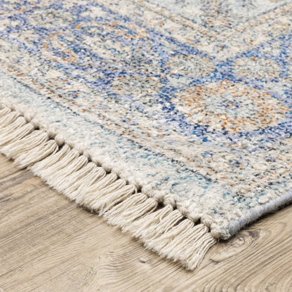 8' Blue And Red Oriental Hand Loomed Distressed Runner Rug With Fringe