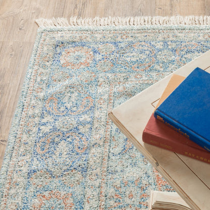8' Blue And Red Oriental Hand Loomed Distressed Runner Rug With Fringe