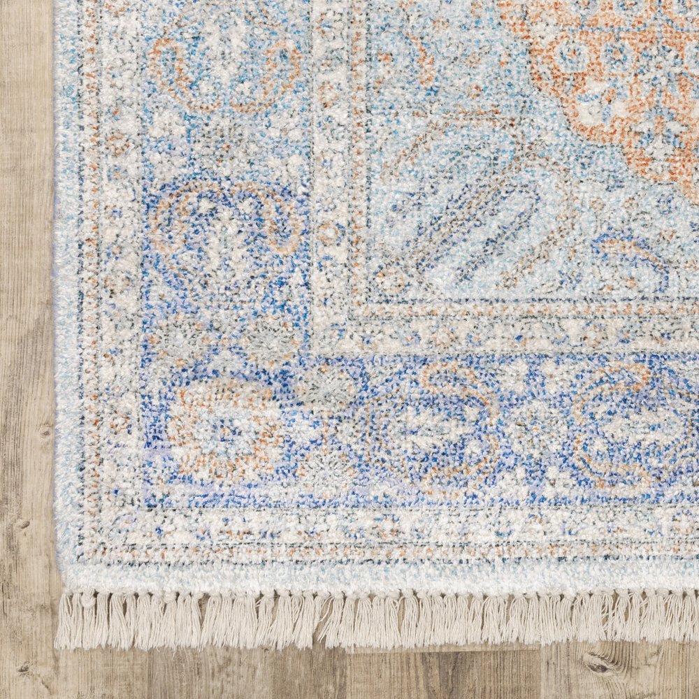 8' Blue And Red Oriental Hand Loomed Distressed Runner Rug With Fringe