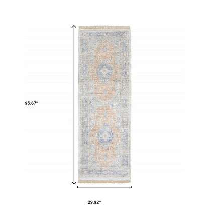 8' Blue And Red Oriental Hand Loomed Distressed Runner Rug With Fringe