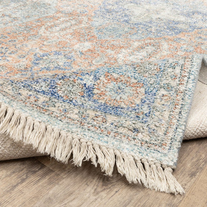 8' Blue And Red Oriental Hand Loomed Distressed Runner Rug With Fringe