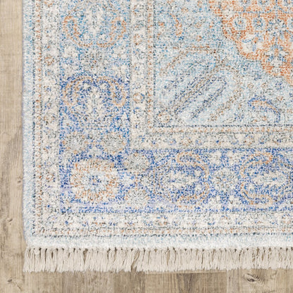 5' X 8' Blue And Red Oriental Hand Loomed Stain Resistant Area Rug With Fringe