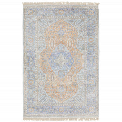 8' X 10' Blue And Red Oriental Hand Loomed Stain Resistant Area Rug With Fringe