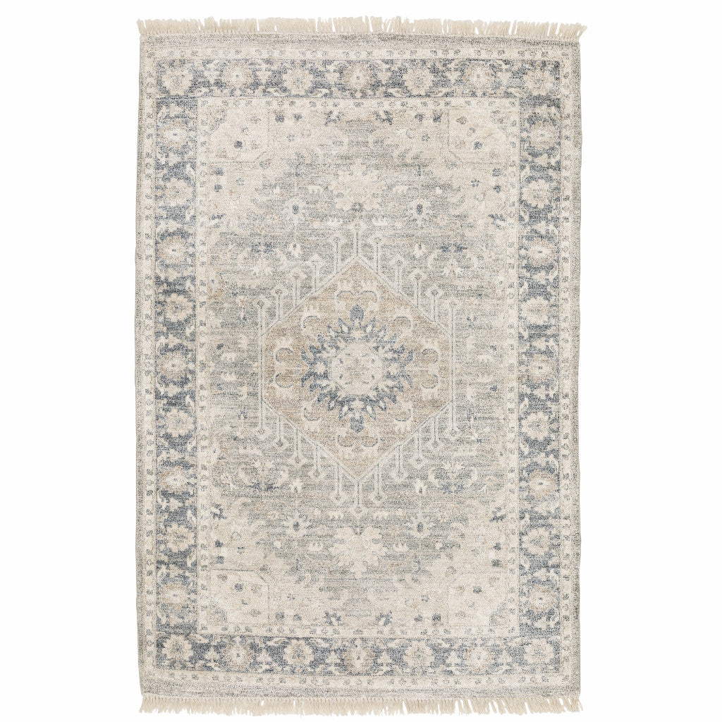 10' X 13' Beige And Grey Oriental Hand Loomed Stain Resistant Area Rug With Fringe