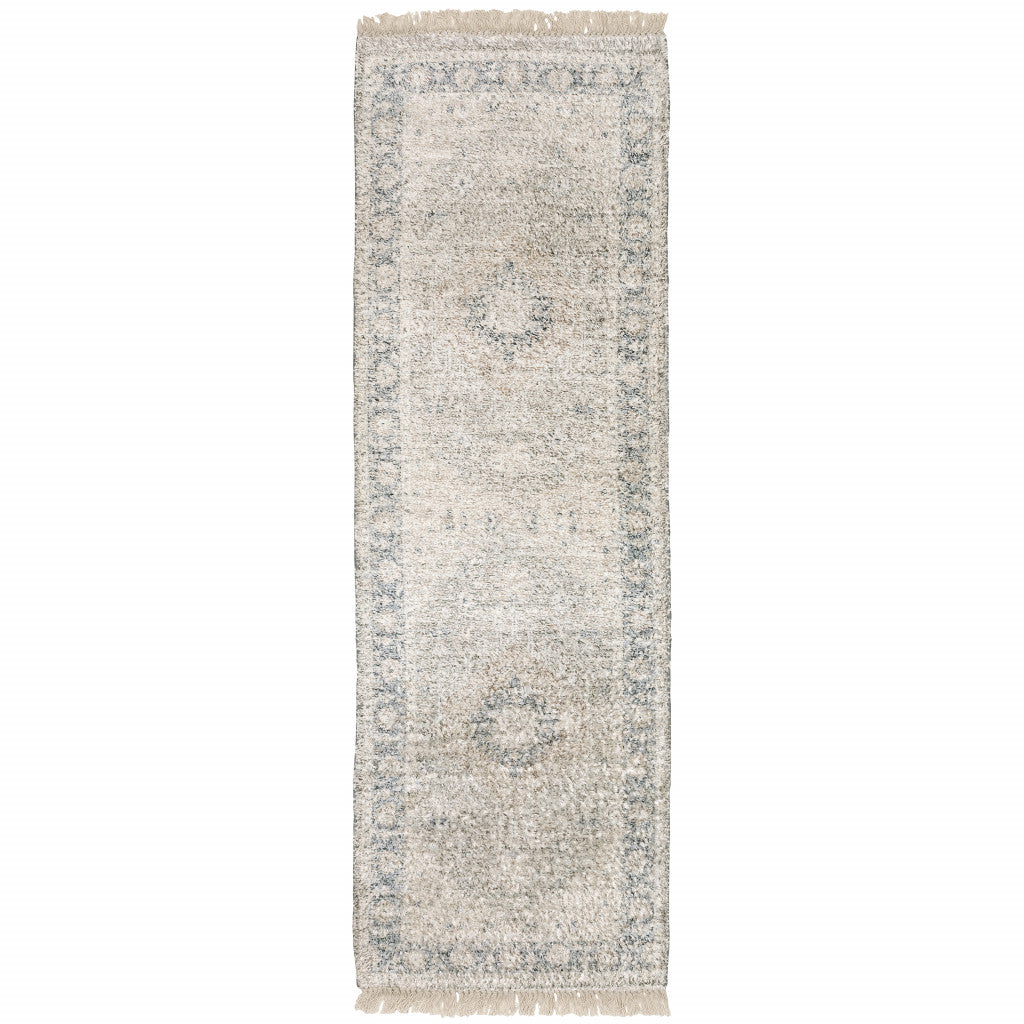 2' X 8' Beige And Grey Oriental Hand Loomed Stain Resistant Runner Rug With Fringe