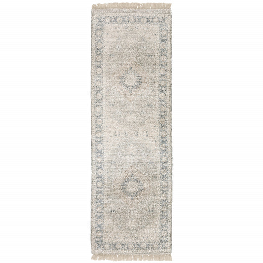 2' X 8' Beige And Grey Oriental Hand Loomed Stain Resistant Runner Rug With Fringe