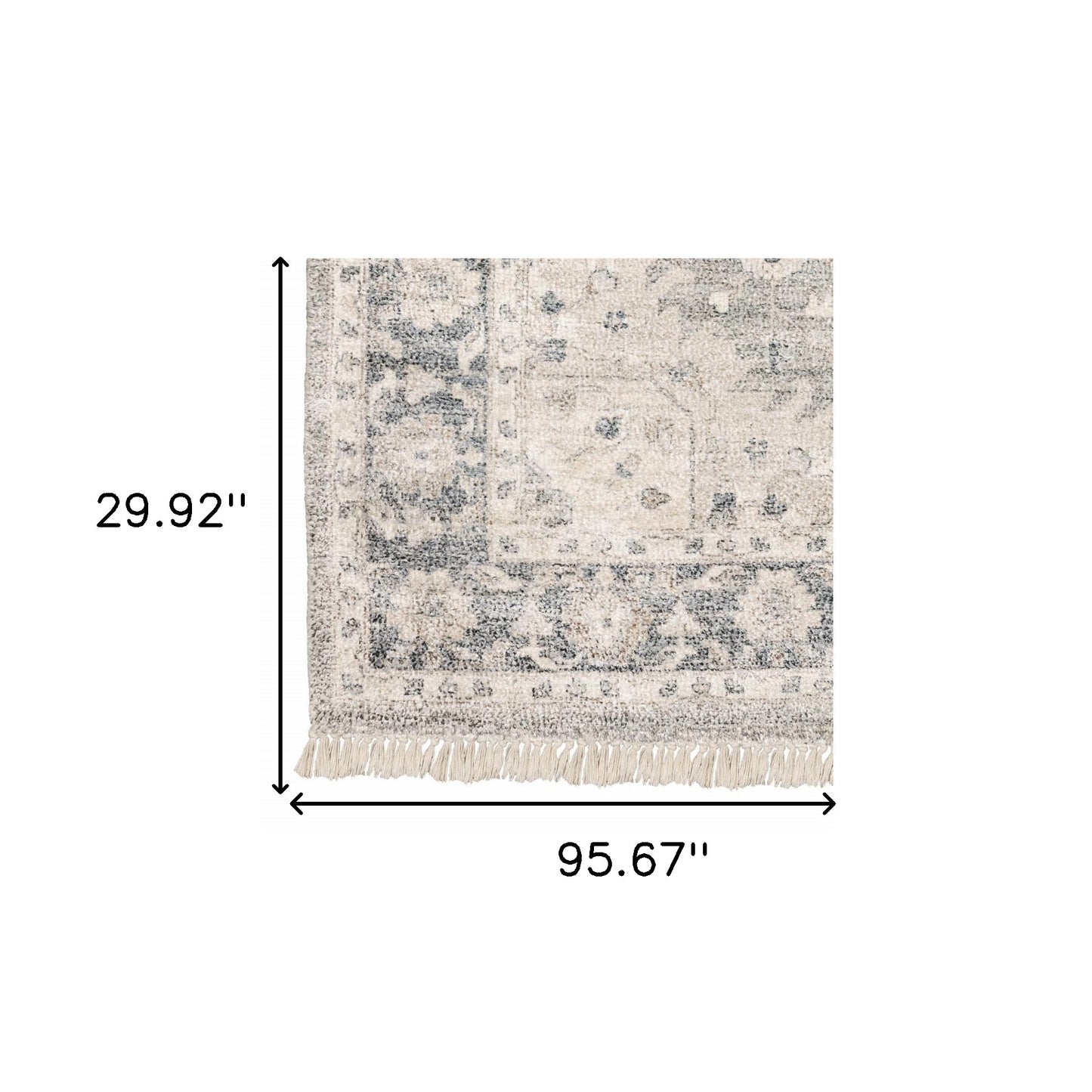 2' X 8' Beige And Grey Oriental Hand Loomed Stain Resistant Runner Rug With Fringe