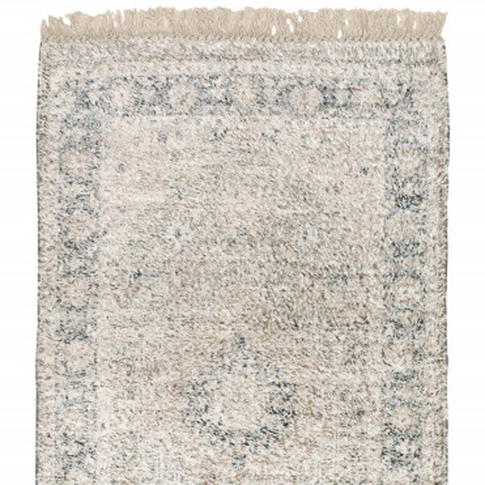 2' X 8' Beige And Grey Oriental Hand Loomed Stain Resistant Runner Rug With Fringe