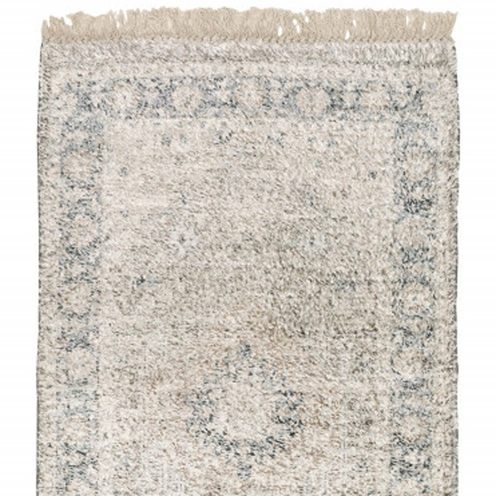8' Beige And Gray Oriental Hand Loomed Distressed Runner Rug With Fringe