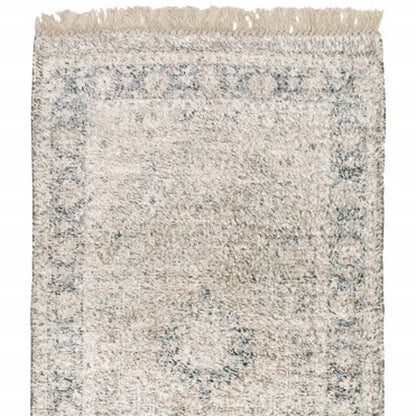 8' Beige And Gray Oriental Hand Loomed Distressed Runner Rug With Fringe