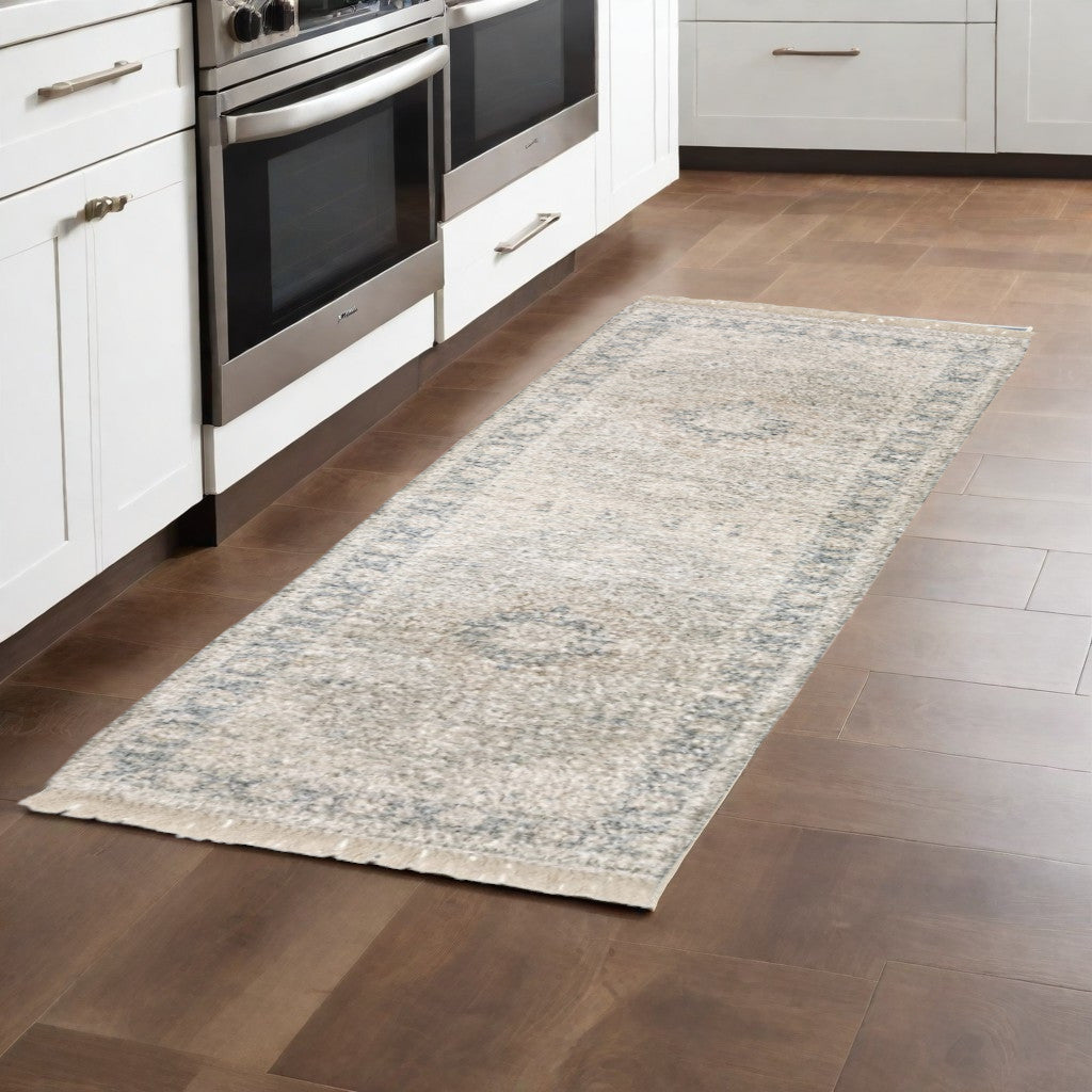 2' X 8' Beige And Grey Oriental Hand Loomed Stain Resistant Runner Rug With Fringe