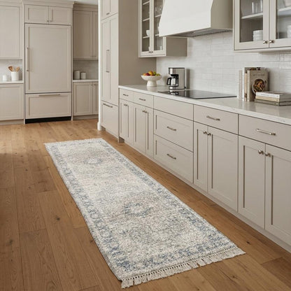 8' Beige And Gray Oriental Hand Loomed Distressed Runner Rug With Fringe