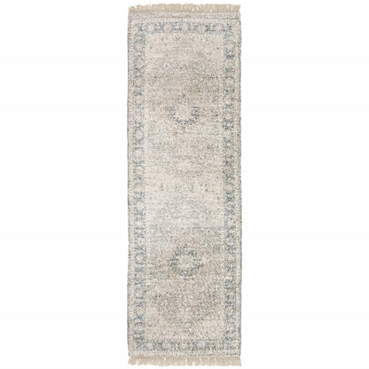 8' Beige And Gray Oriental Hand Loomed Distressed Runner Rug With Fringe