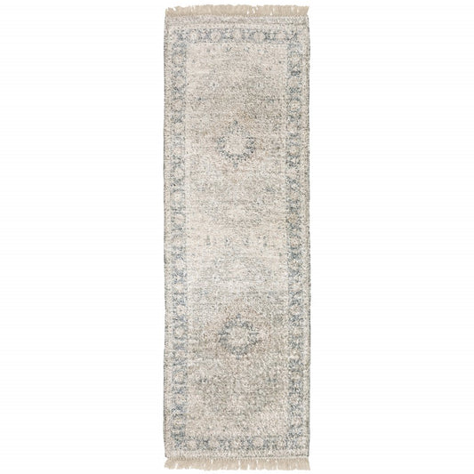 8' Beige And Gray Oriental Hand Loomed Distressed Runner Rug With Fringe