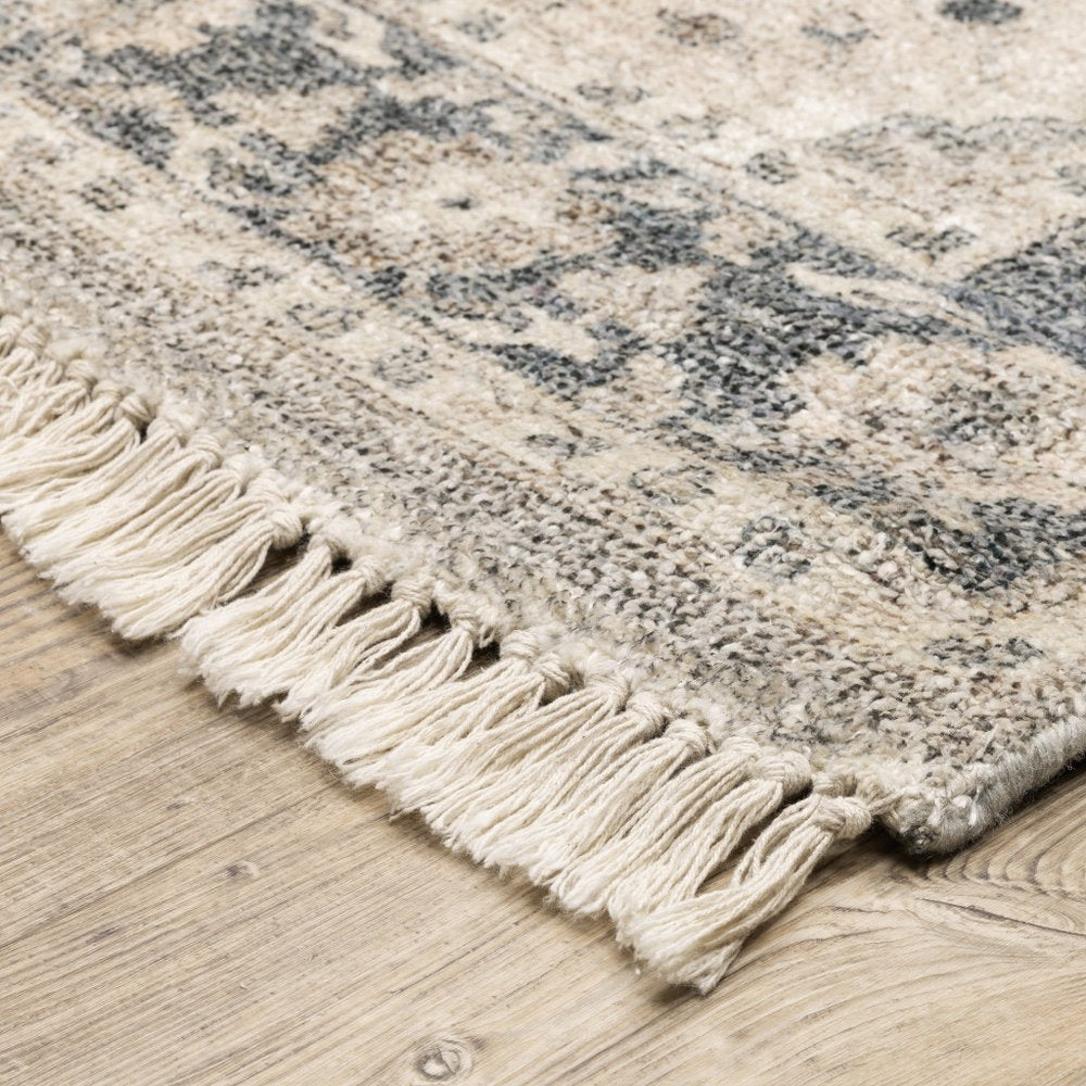 8' Beige And Gray Oriental Hand Loomed Distressed Runner Rug With Fringe