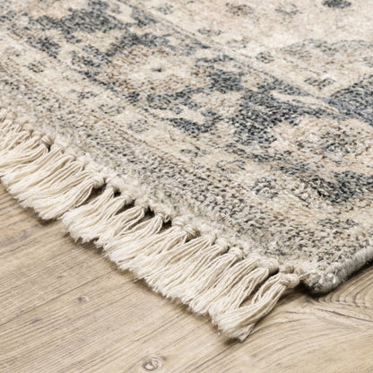 8' Beige And Gray Oriental Hand Loomed Distressed Runner Rug With Fringe