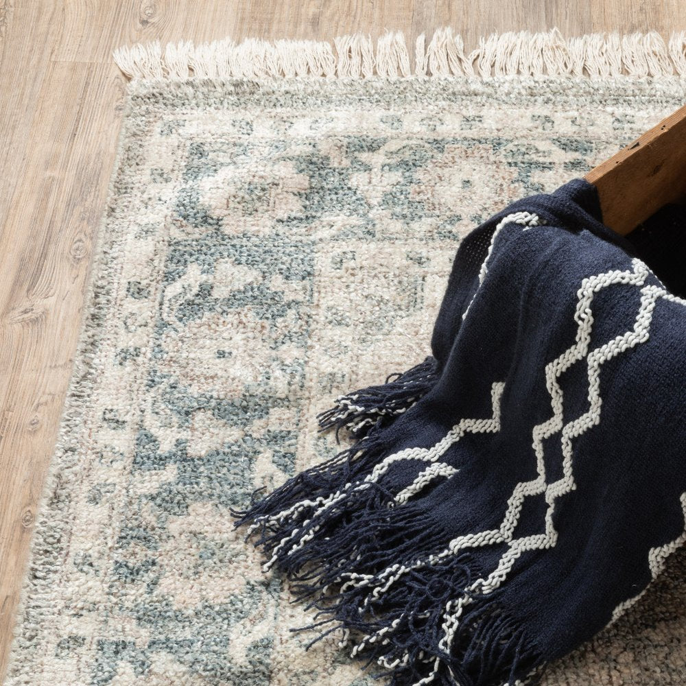 8' Beige And Gray Oriental Hand Loomed Distressed Runner Rug With Fringe