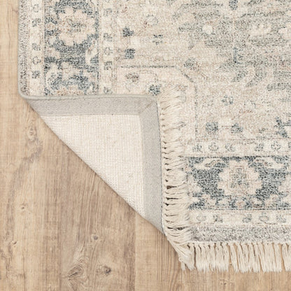 8' Beige And Gray Oriental Hand Loomed Distressed Runner Rug With Fringe