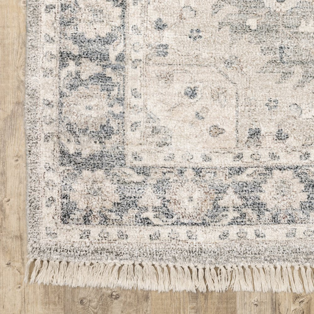 8' Beige And Gray Oriental Hand Loomed Distressed Runner Rug With Fringe
