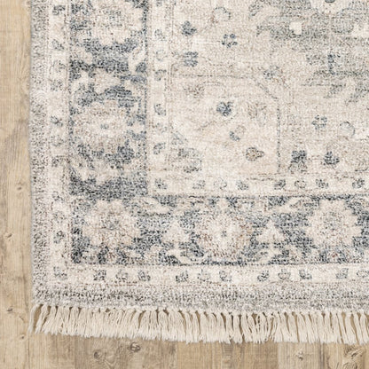 8' Beige And Gray Oriental Hand Loomed Distressed Runner Rug With Fringe