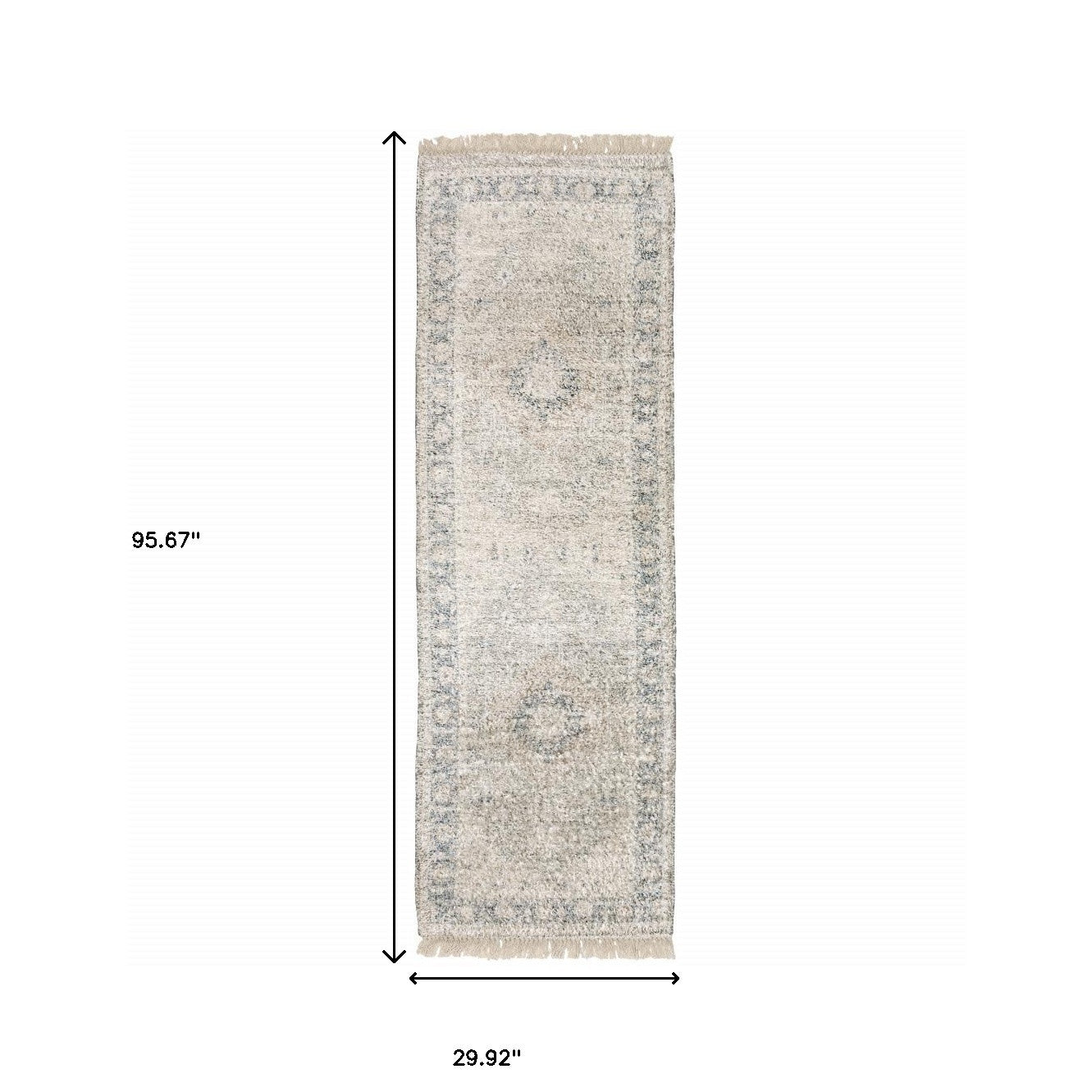 2' X 8' Beige And Grey Oriental Hand Loomed Stain Resistant Runner Rug With Fringe